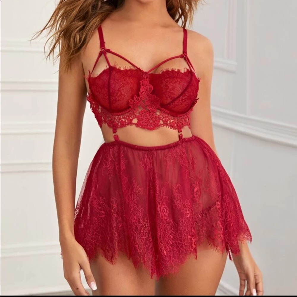Red lace baby doll lingerie dress